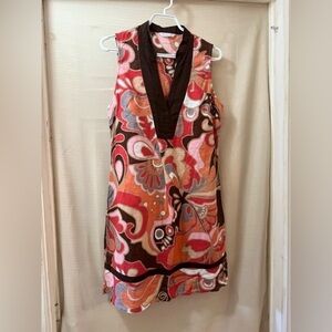 Promod Brown and Pink Paisley V-Neck Midi Dress